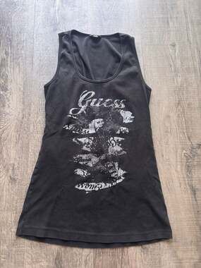 Guess Sleeveless Rhinestone Graphic Tank Top Black